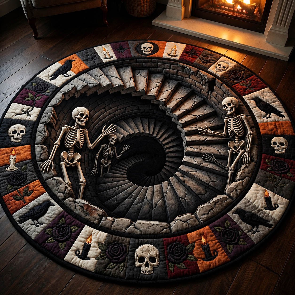 Skeleton Staircase Halloween Quilted Round Mat Skeleton Spiral Staircase Merch