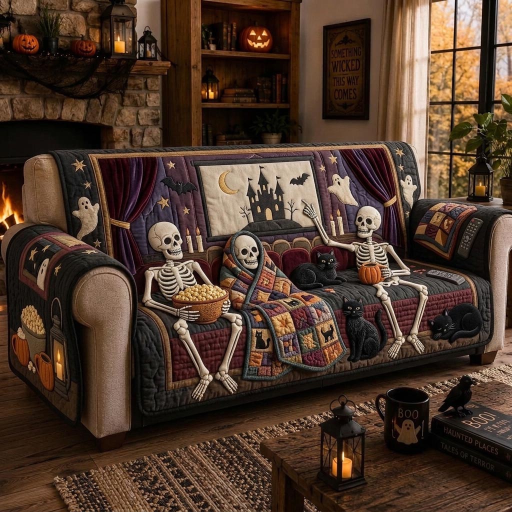 Skeleton Vibes Quilted Sofa Cover Spooky Skeleton Couch Cover Present For New Home