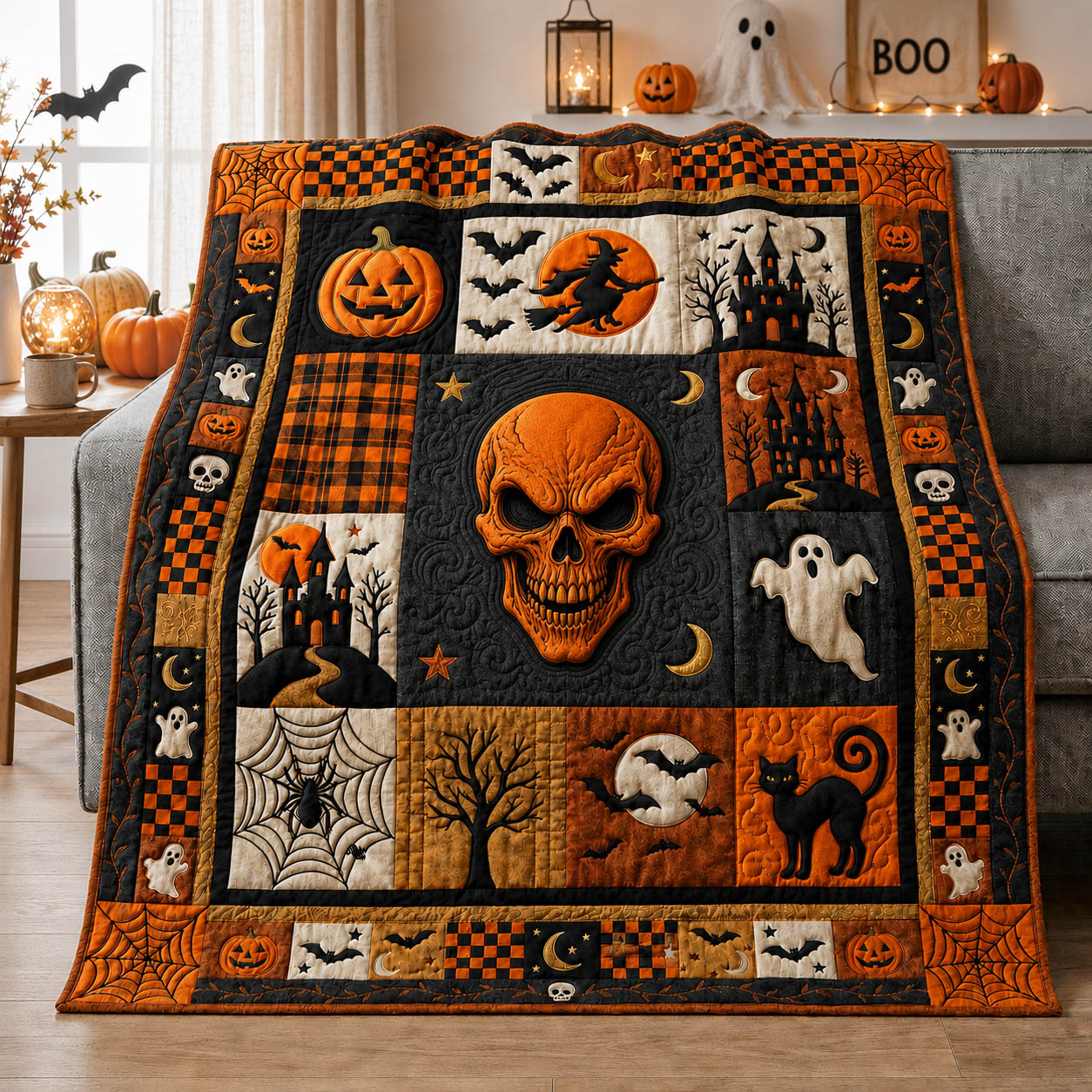 Skull Halloween Patchwork Quilted Blanket Halloween Skull Merch Gift For New Home