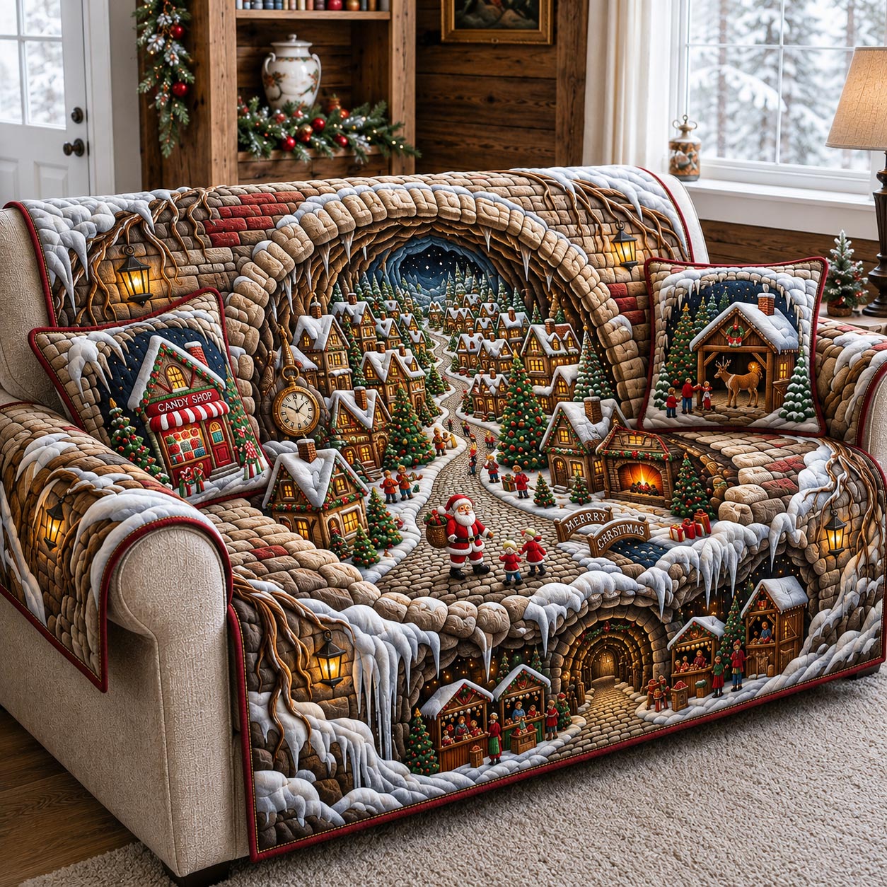 Snow Village Throw Quilted Sofa Cover Christmas Village Couch Cover Cute Gift