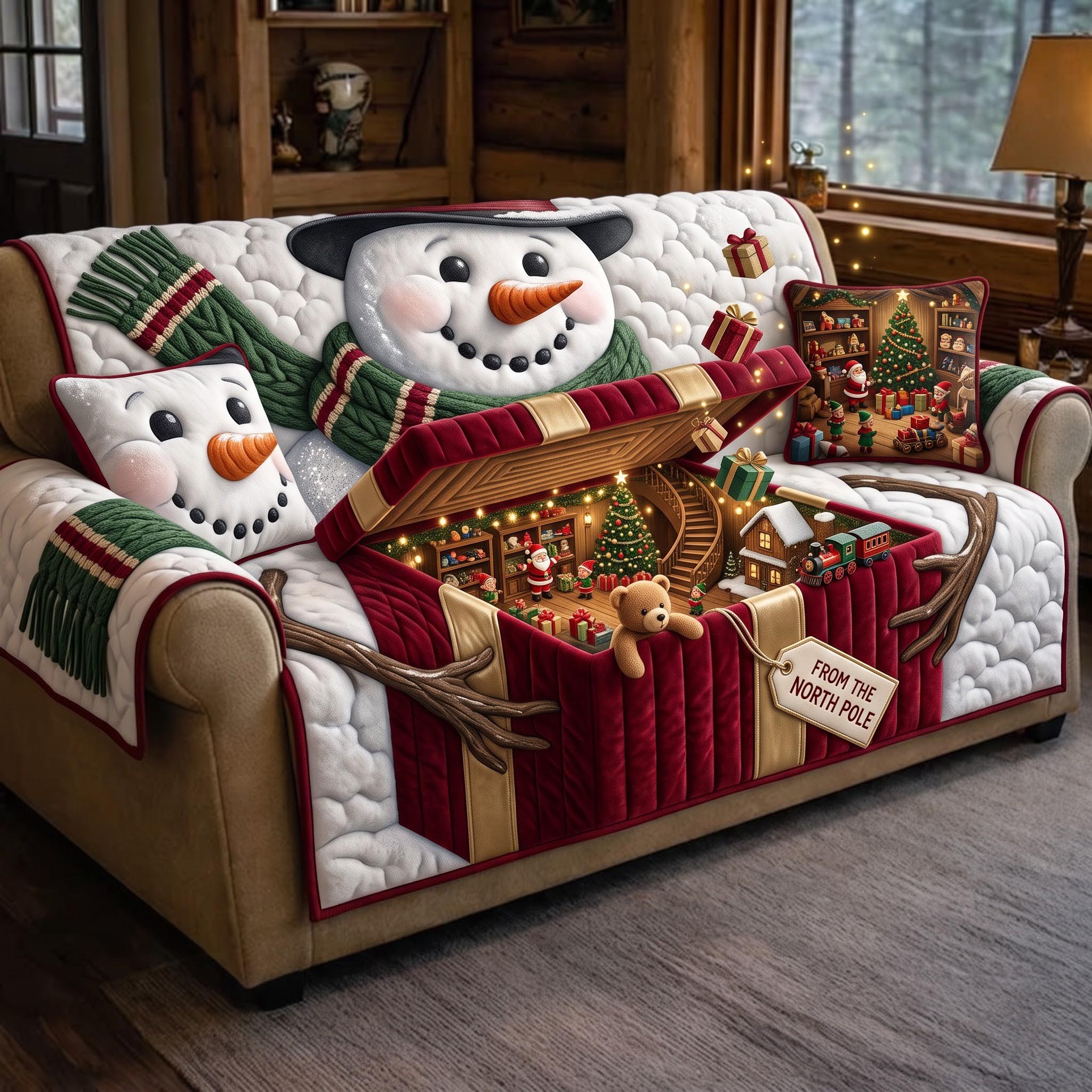 Snowman Cabin Quilted Sofa Cover Snowman Wonderland Couch Cover Gift For New Homeowners