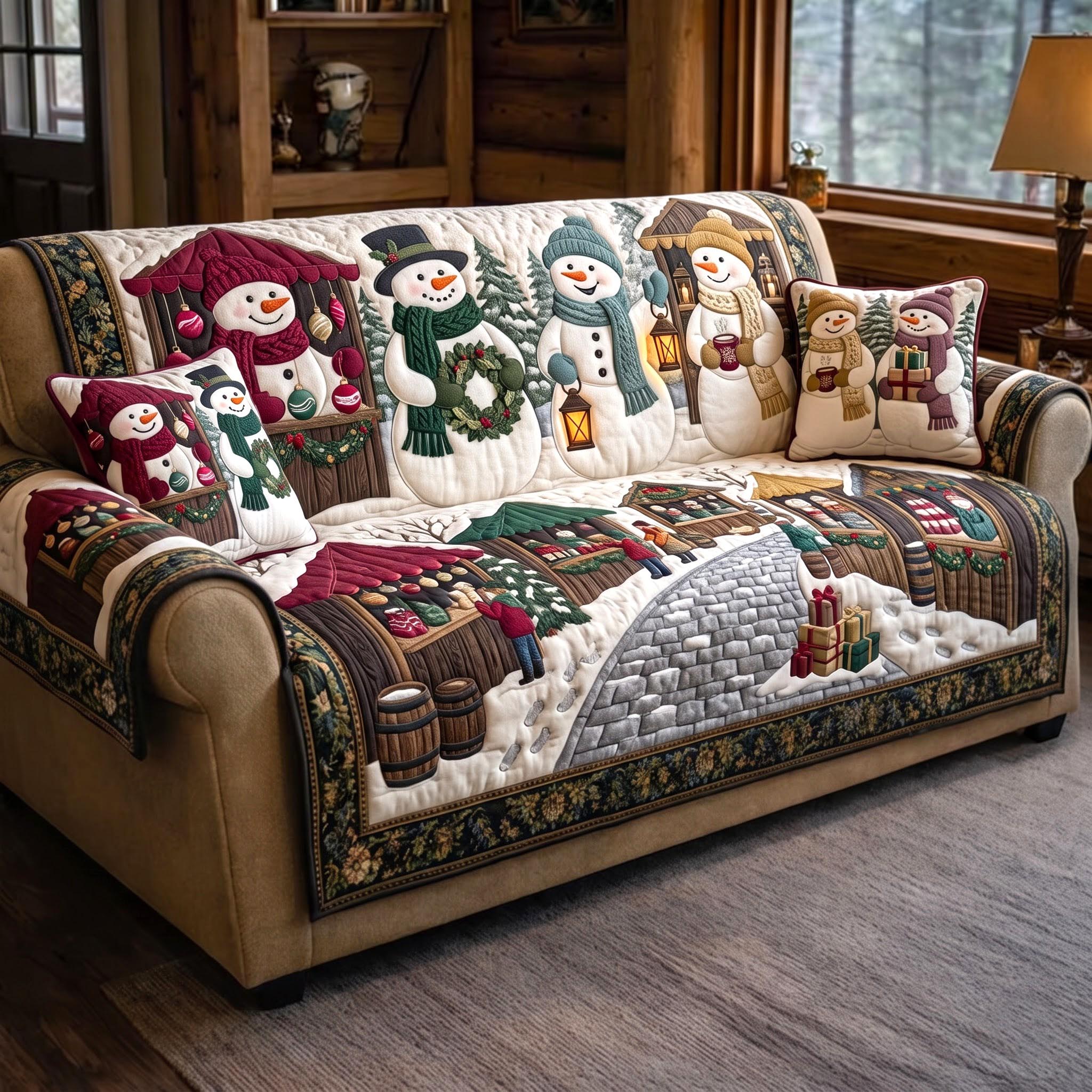Snowman Christmas Quilted Sofa Cover Christmas Cheer Couch Cover Home Gift For Him