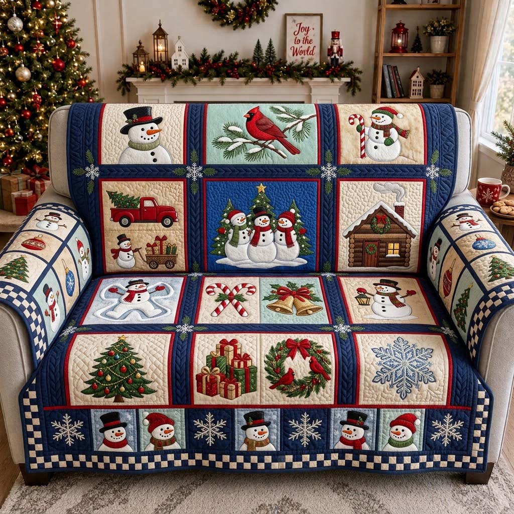 Snowman Christmas Sampler Quilted Sofa Cover Winter Magic Couch Cover Best Home Decor Gifts