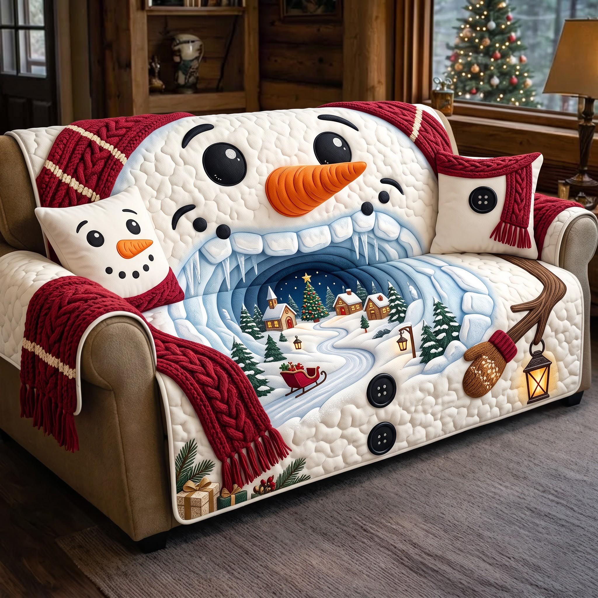Snowman Wonderland Quilted Sofa Cover Winter Snowman Couch Cover Room Gift For Him
