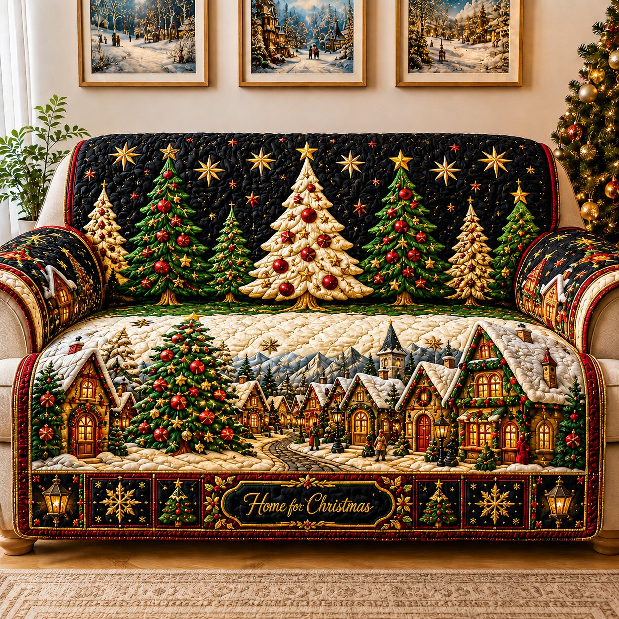 Snowy Village Quilted Sofa Cover Winter Village Couch Cover Home Decor Ideas