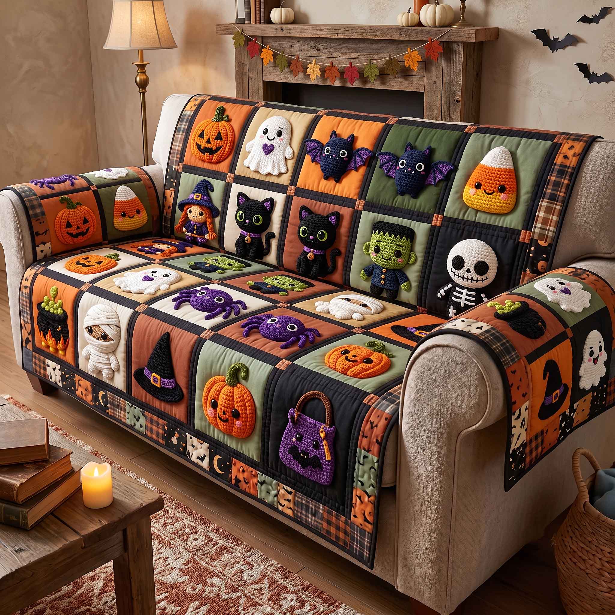 Spooky Crochet Quilted Sofa Cover Spooky Night Couch Cover House Lover Gift Ideas