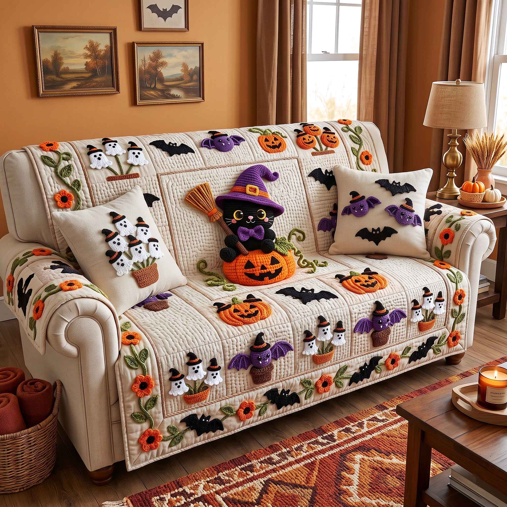 Spooky Crochet Quilted Sofa Cover Spooky Paws Couch Cover Home Lover Gift Ideas