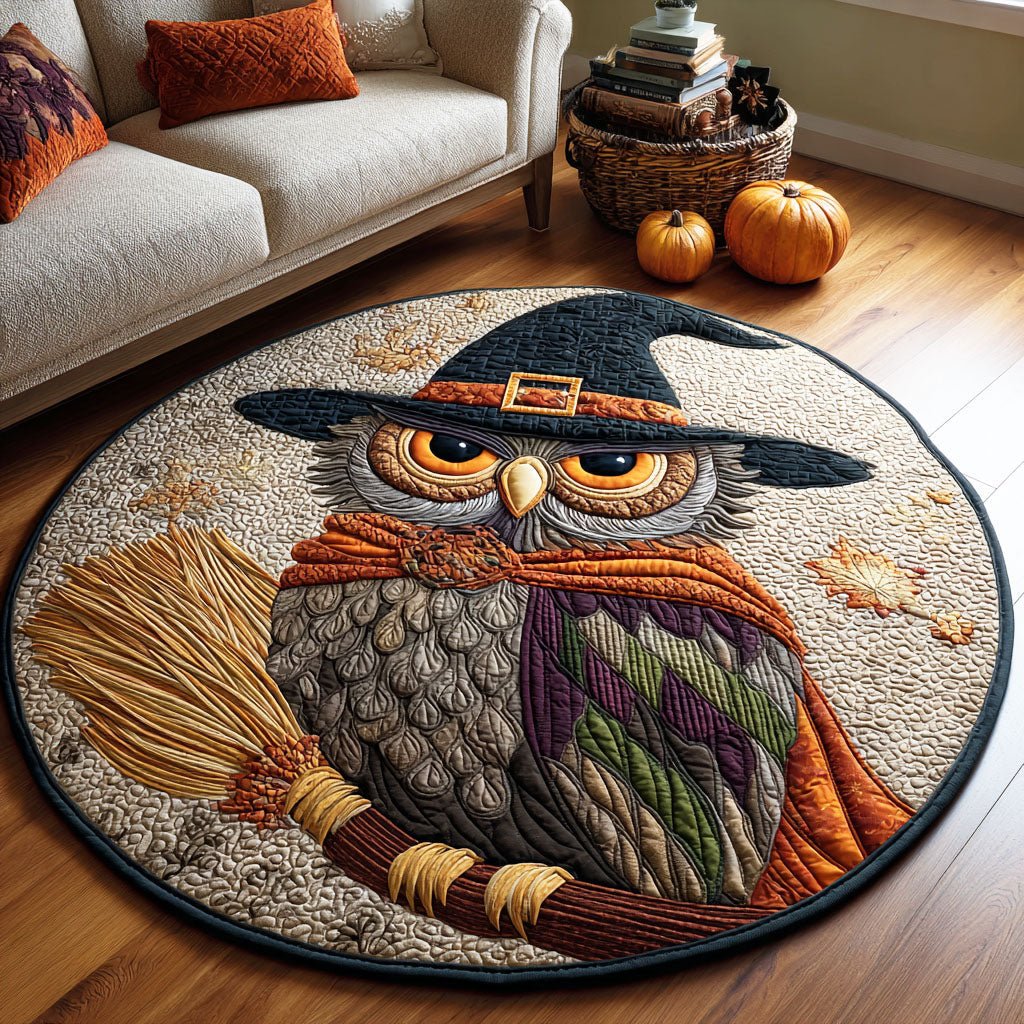 Spooky Feathers Halloween Quilted Round Mat Owl Witch Broom Merch Spooky Birthday Gifts Her