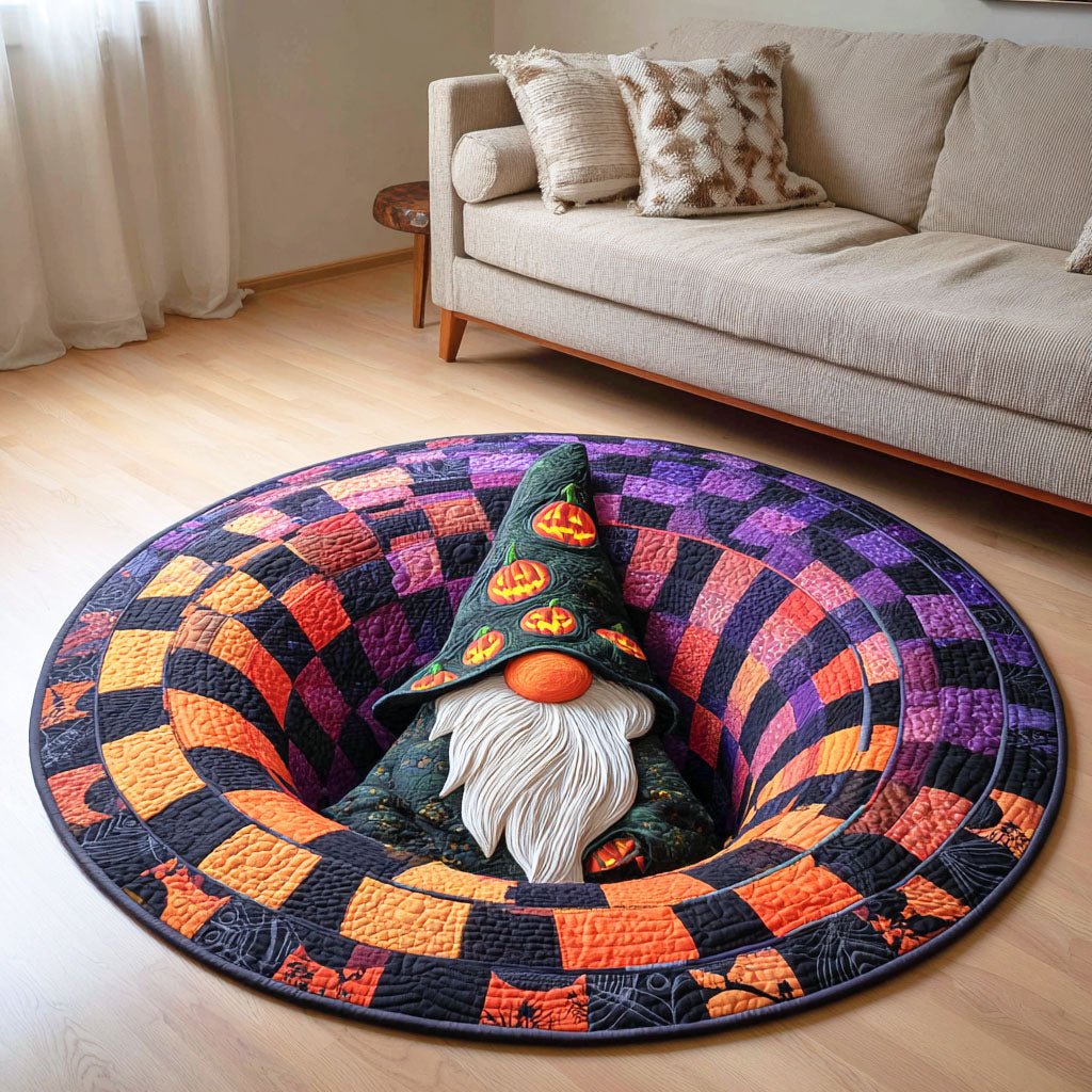 Spooky Gnome Halloween Quilted Round Mat Pumpkin Witch Hat Round Rug Halloween Room Gift