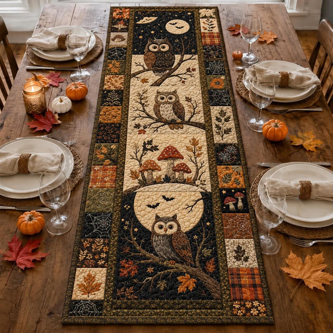 Spooky Owl Full Moon Quilt Table Runner Halloween Pumpkin Merch Gift For Autumn