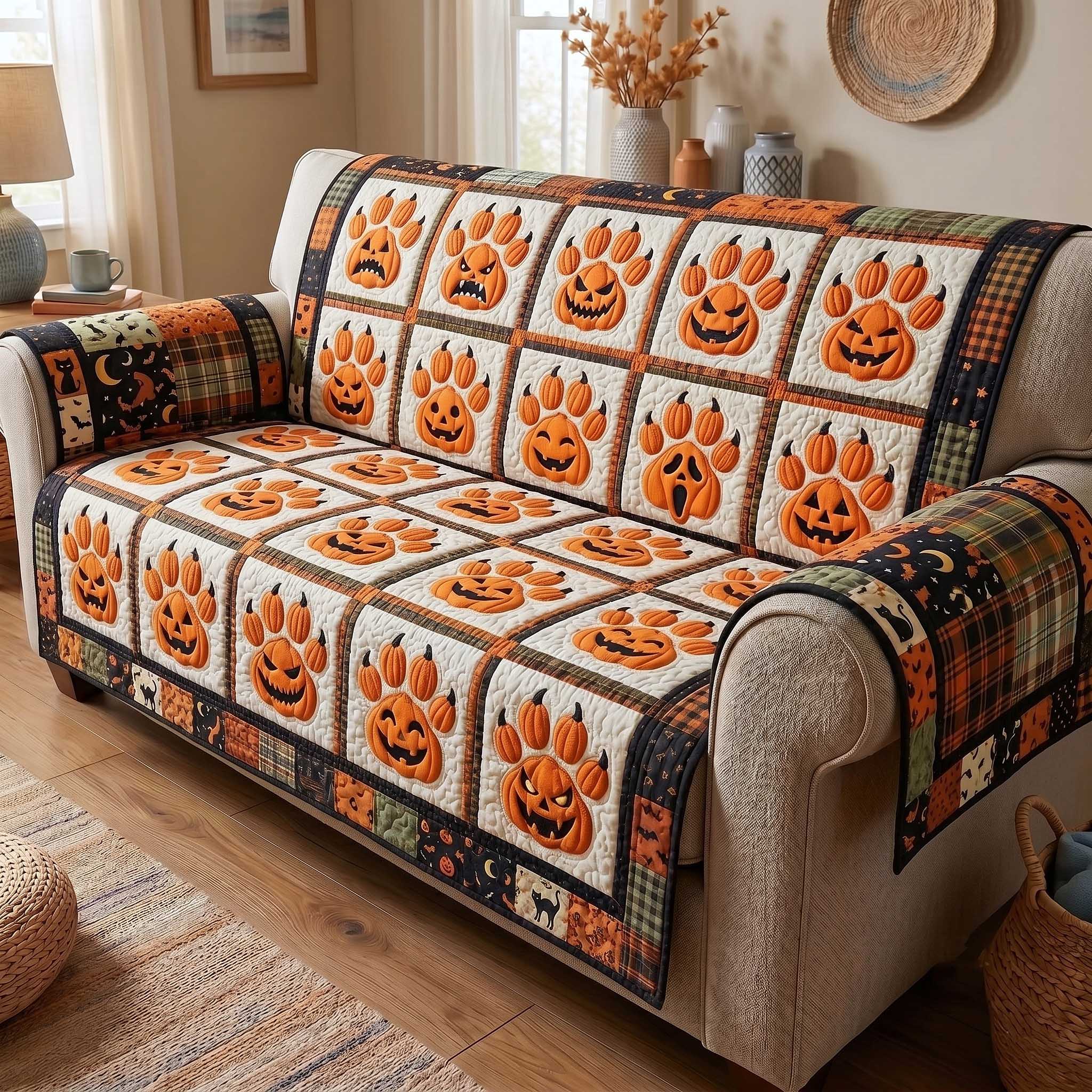 Spooky Pawprints Quilted Sofa Cover Haunted Paws Couch Cover Trendy Room Decor Gifts