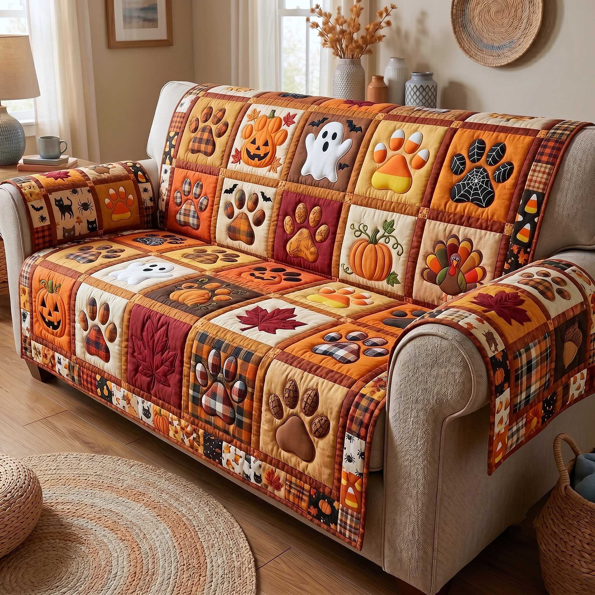 Spooky Pawprints Quilted Sofa Cover Haunted Season Couch Cover Gift For Room Lovers