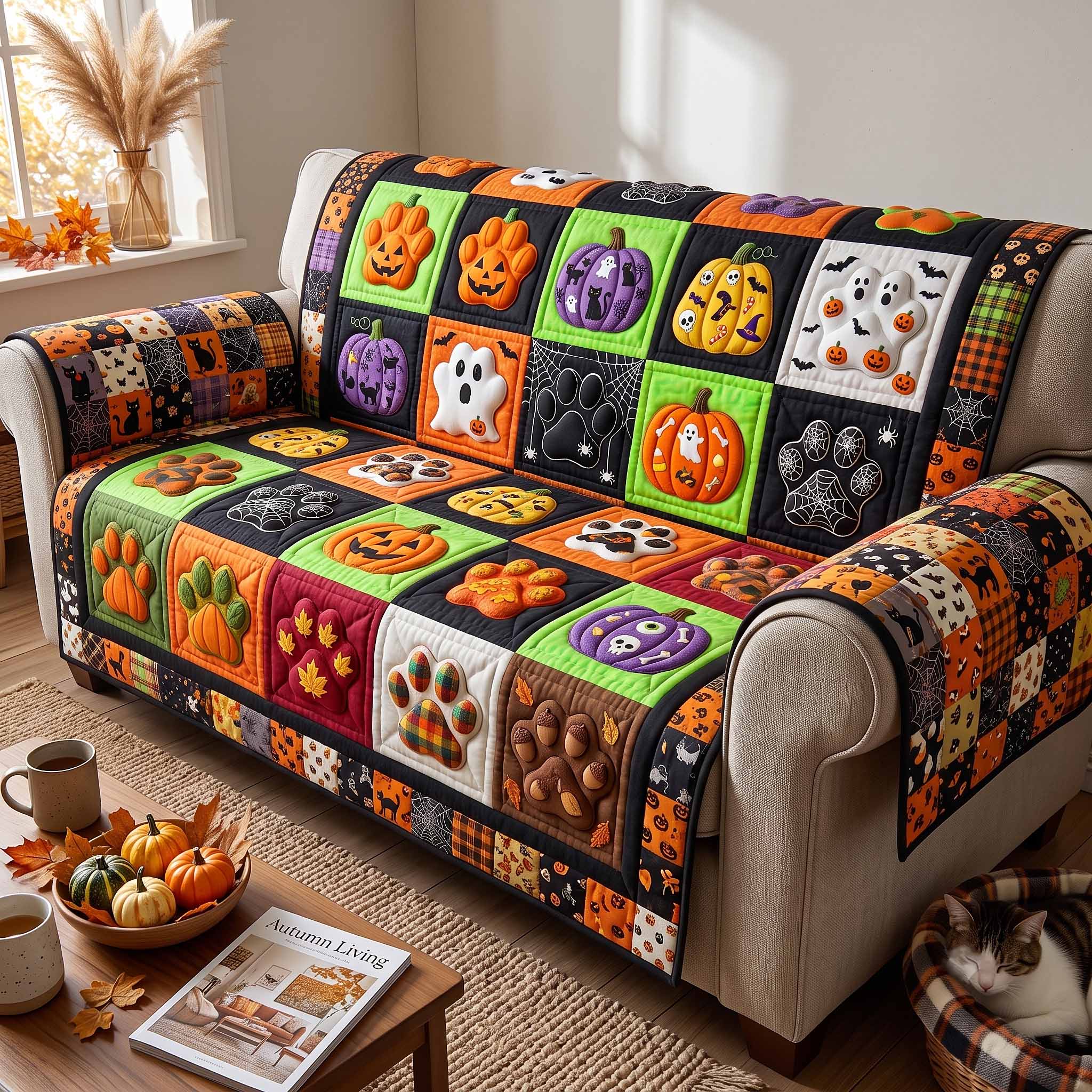 Spooky Paws Quilted Sofa Cover Spooky Spirit Couch Cover Trendy Gift