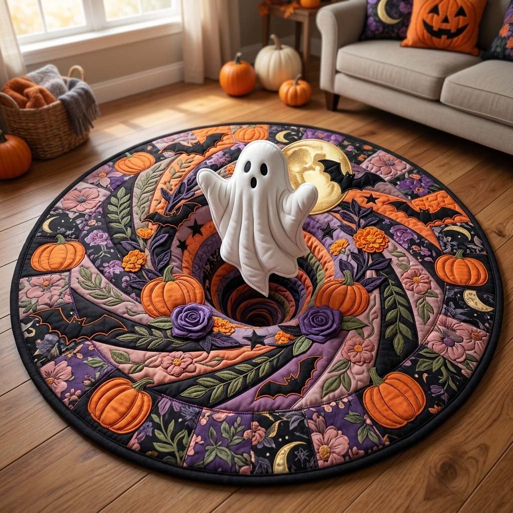 Spooky Spiral Ghost Halloween Quilted Round Mat Ghost And Pumpkins Round Rug Gift For Halloween