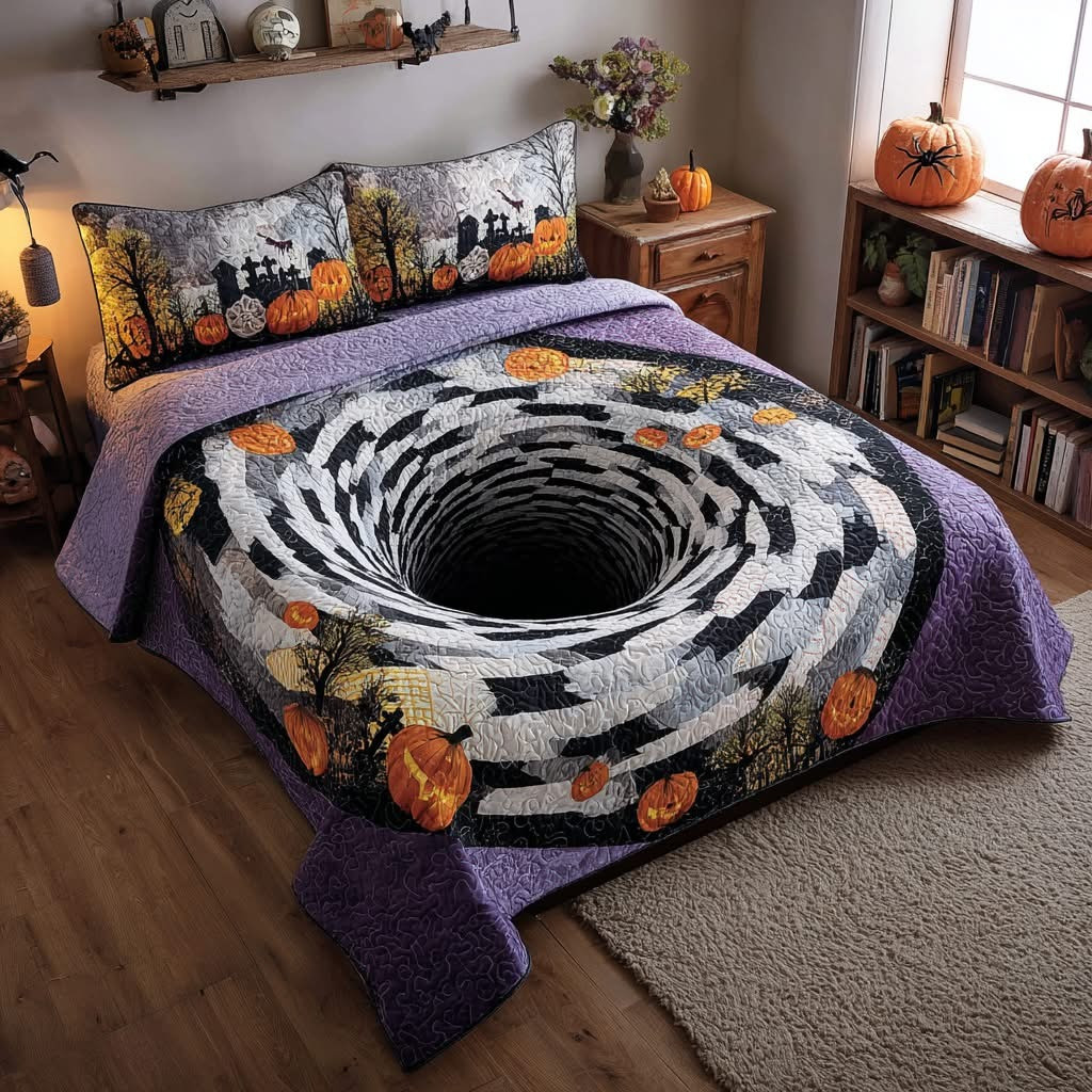 Spooky Swirl Pumpkin Halloween Quilted Bedding Set Whirl Black Hole Spiral Duvet Cover