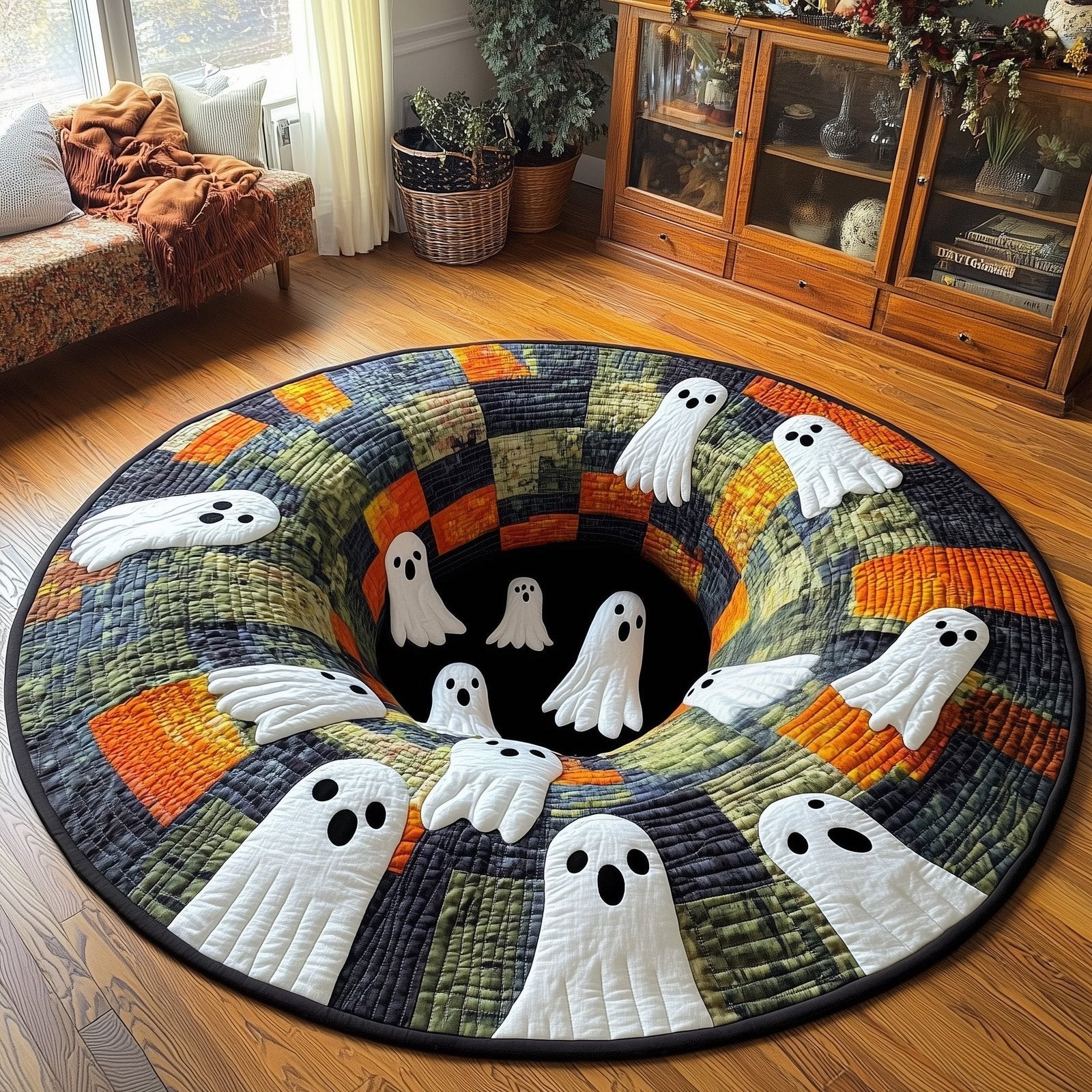 Spooky Vibes Halloween Quilted Round Mat Halloween Ghosts Merch Spooky Gifts For Teen Girls