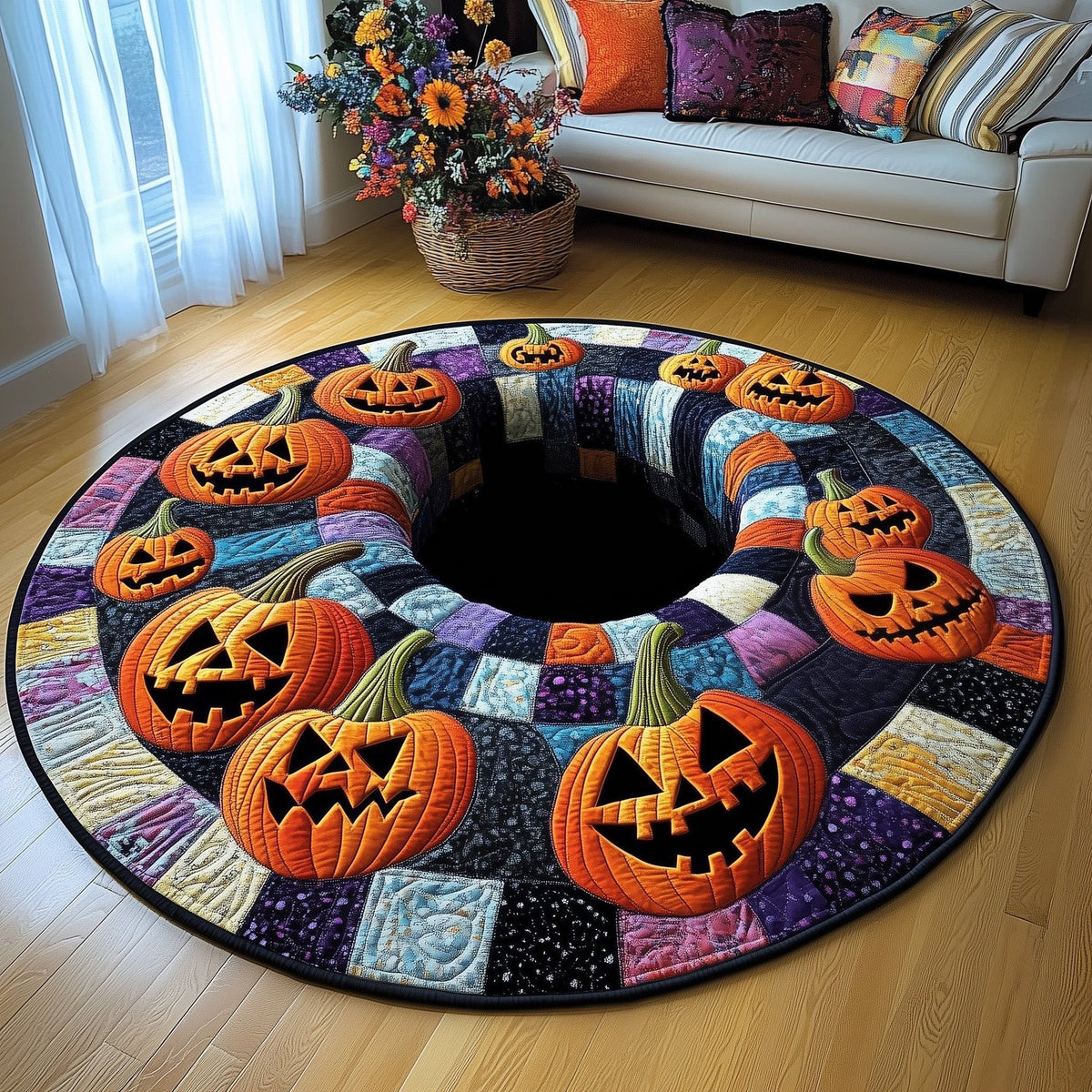 Spooky Vibes Halloween Quilted Round Mat Halloween Pumpkins Patchwork Merch Halloween Home Gift