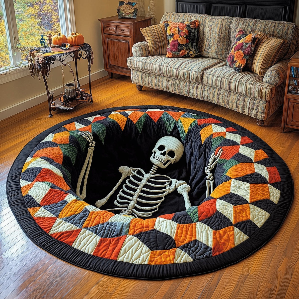 Spooky Vibes Halloween Quilted Round Mat Skeleton Halloween Merch Halloween Home Gift