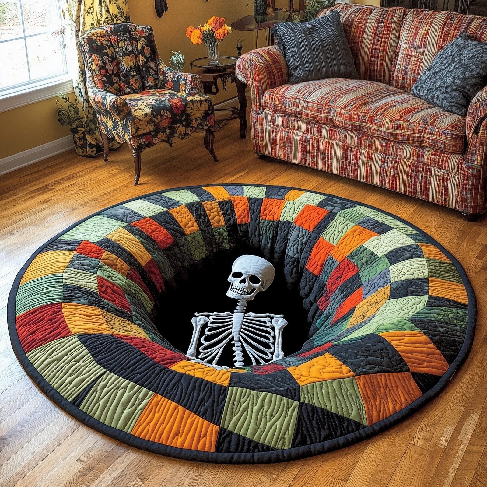 Spooky Vibes Halloween Quilted Round Mat Skeleton Hole Rug Merch Cute Halloween Decor Gifts