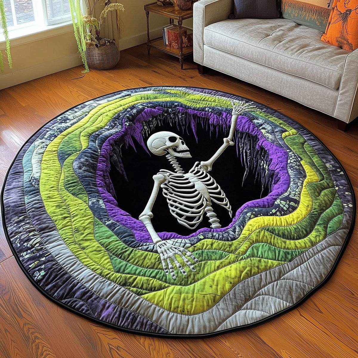 Spooky Vibes Halloween Quilted Round Mat Skeleton In Hole Merch Unique Halloween Decor Gifts