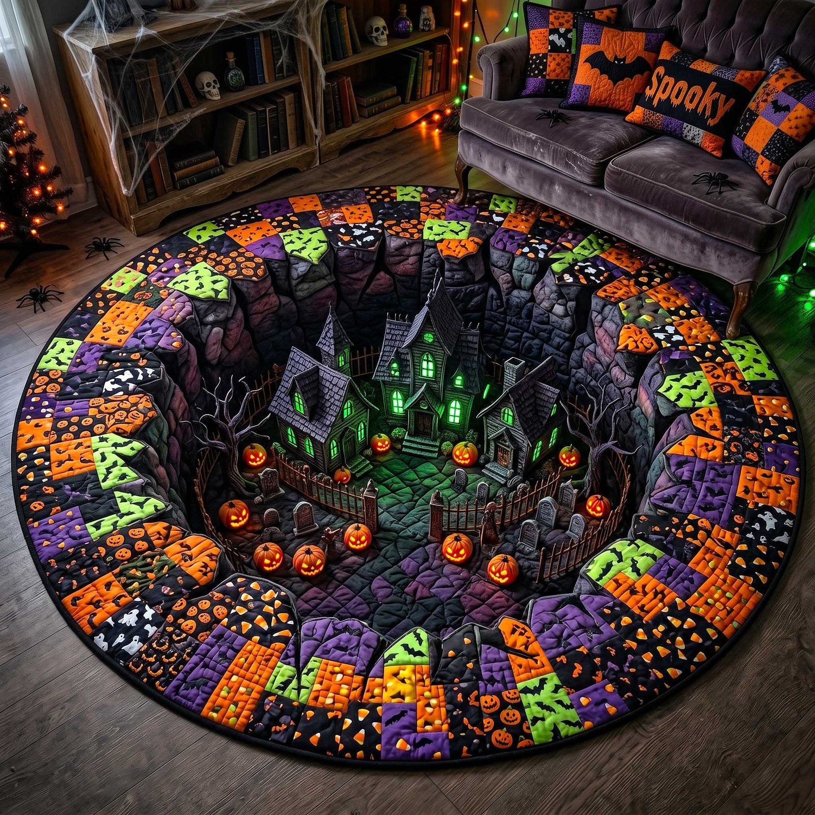 Spooky Village Halloween Quilted Round Mat Haunted House Pumpkins Merch Halloween House Lover