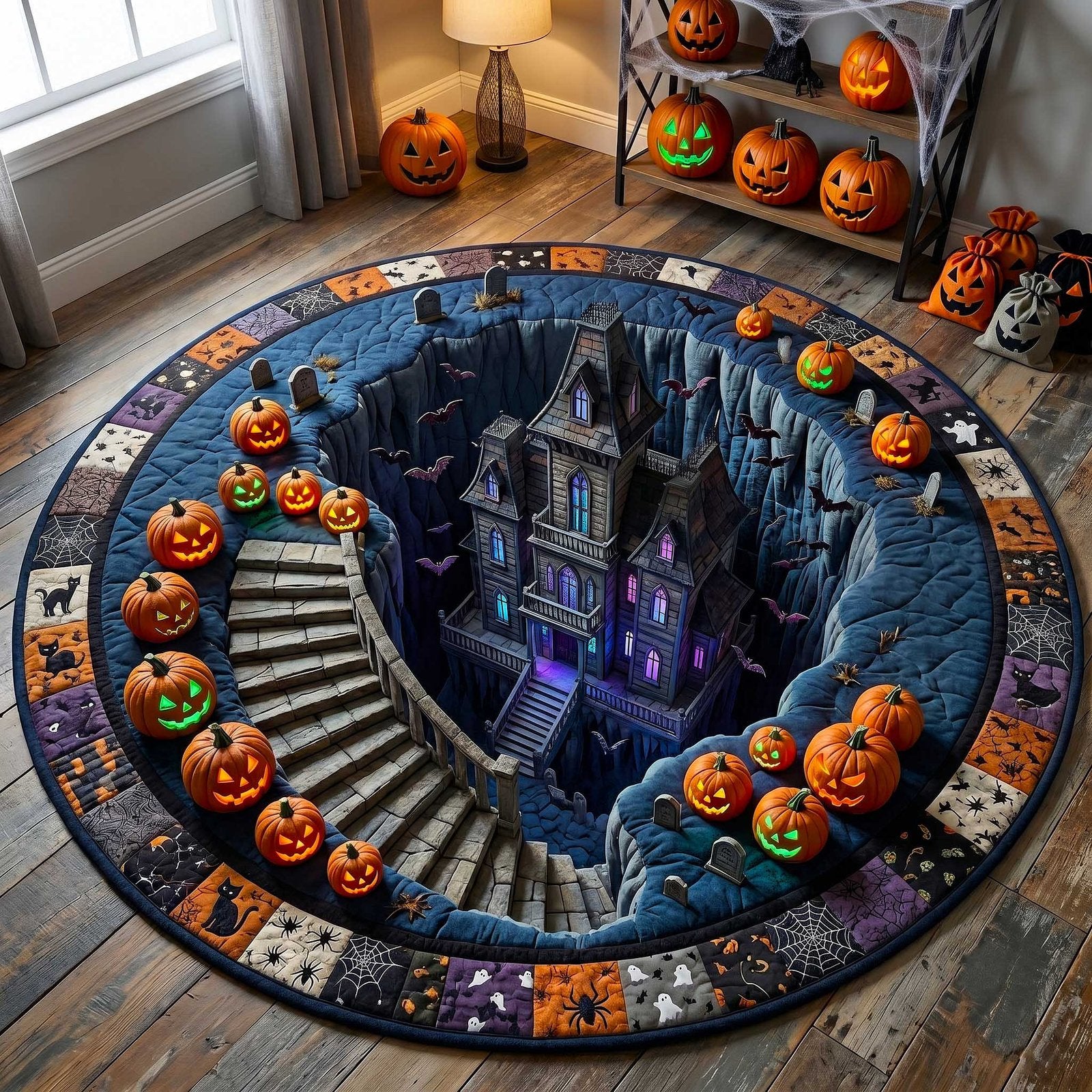 Spooky Village Halloween Quilted Round Mat Haunted Mansion Halloween Round Rug