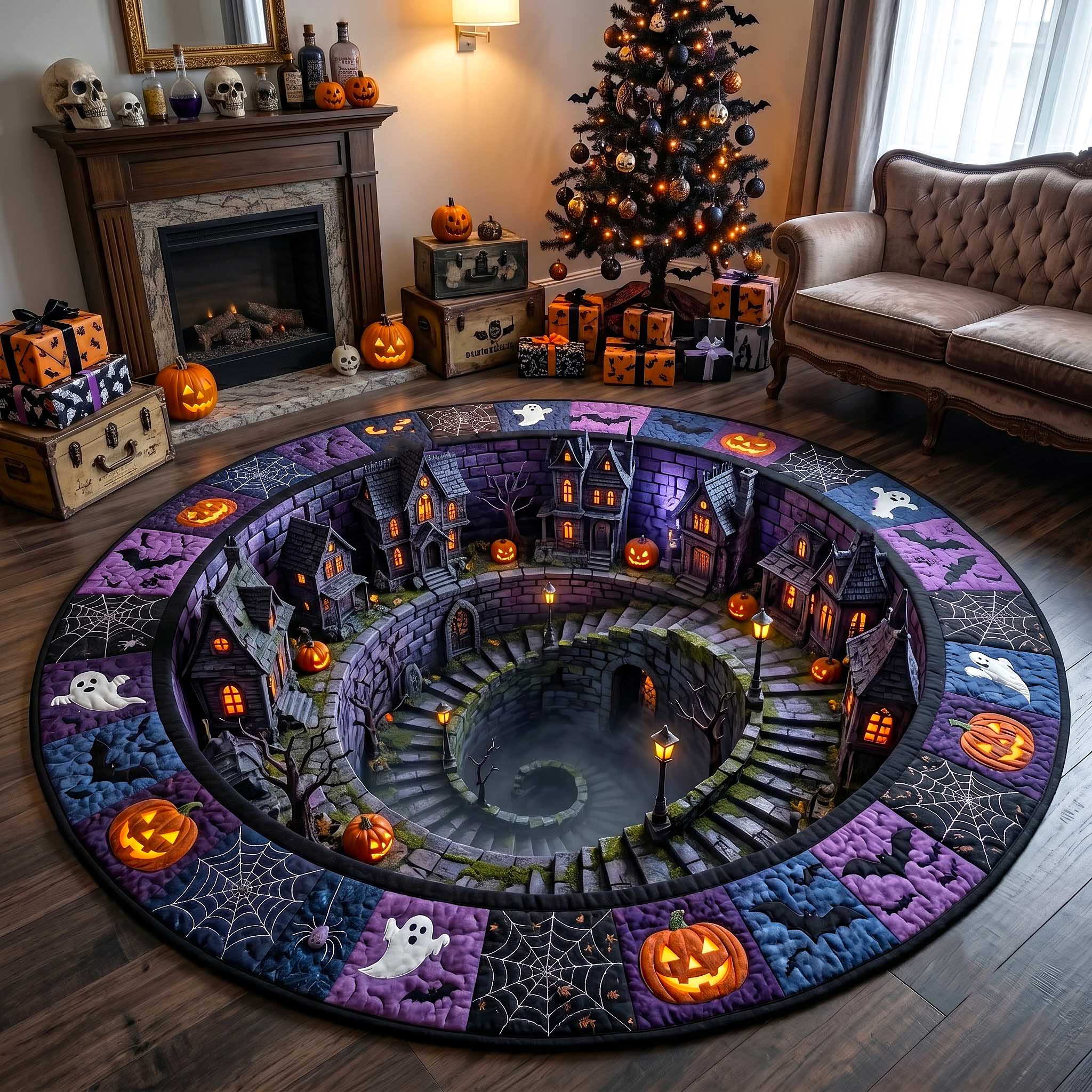 Spooky Village Halloween Quilted Round Mat Haunted Spiral Staircase Round Rug Spooky Decor Gift