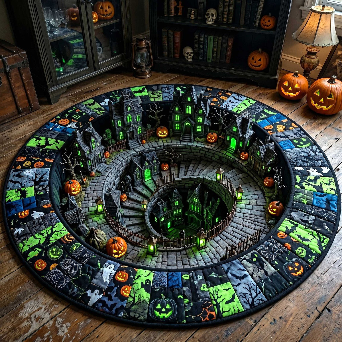 Spooky Village Halloween Quilted Round Mat Haunted Spiral Town Merch Best Halloween Decor Gifts