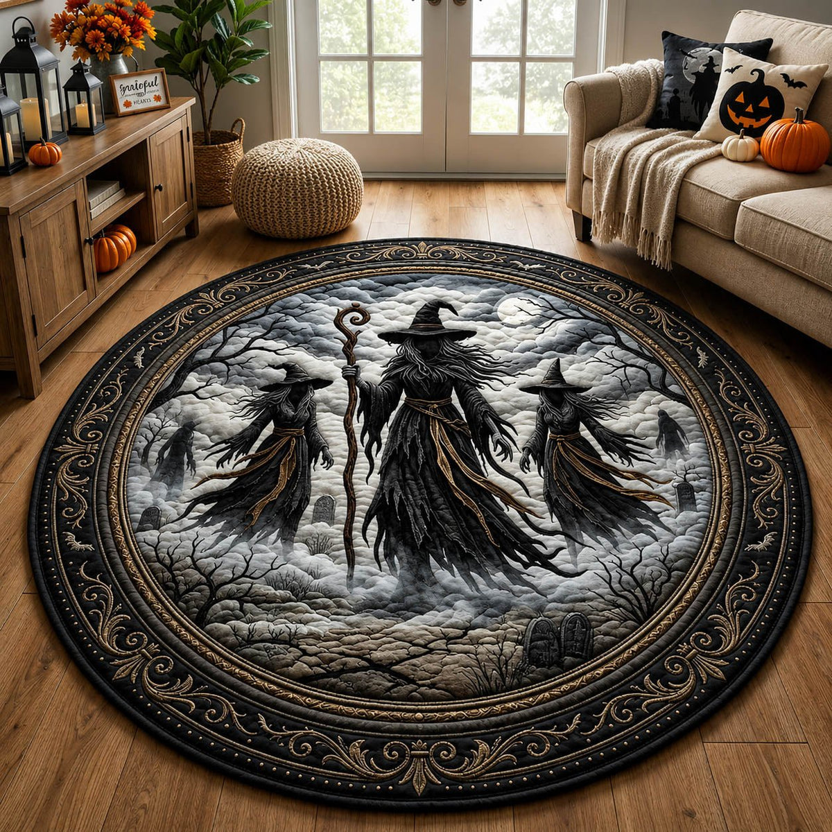 Spooky Witch Halloween Quilted Round Mat Gothic Witches Coven Merch Spooky Gifts For Her