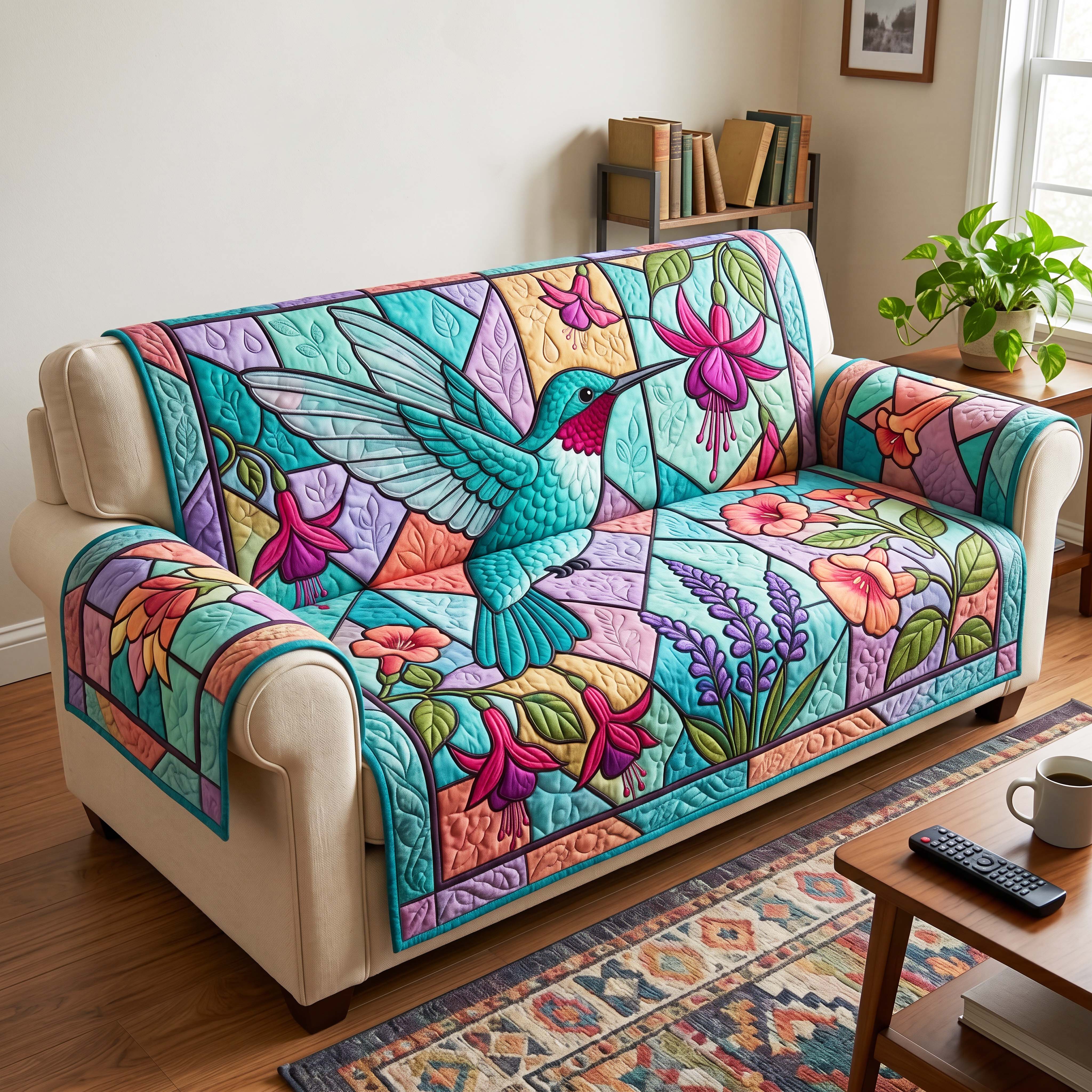 Stained Hummingbird Quilted Sofa Cover Garden Hummingbird Couch Cover Perfect Gift Ideas