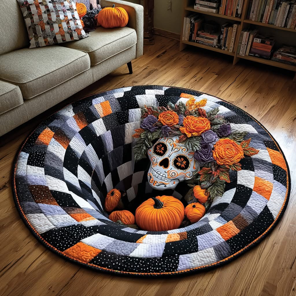 Sugar Skull Pumpkin Pit Whirl Fall Quilted Round Mat Autumn Circle Rug Home Decorations