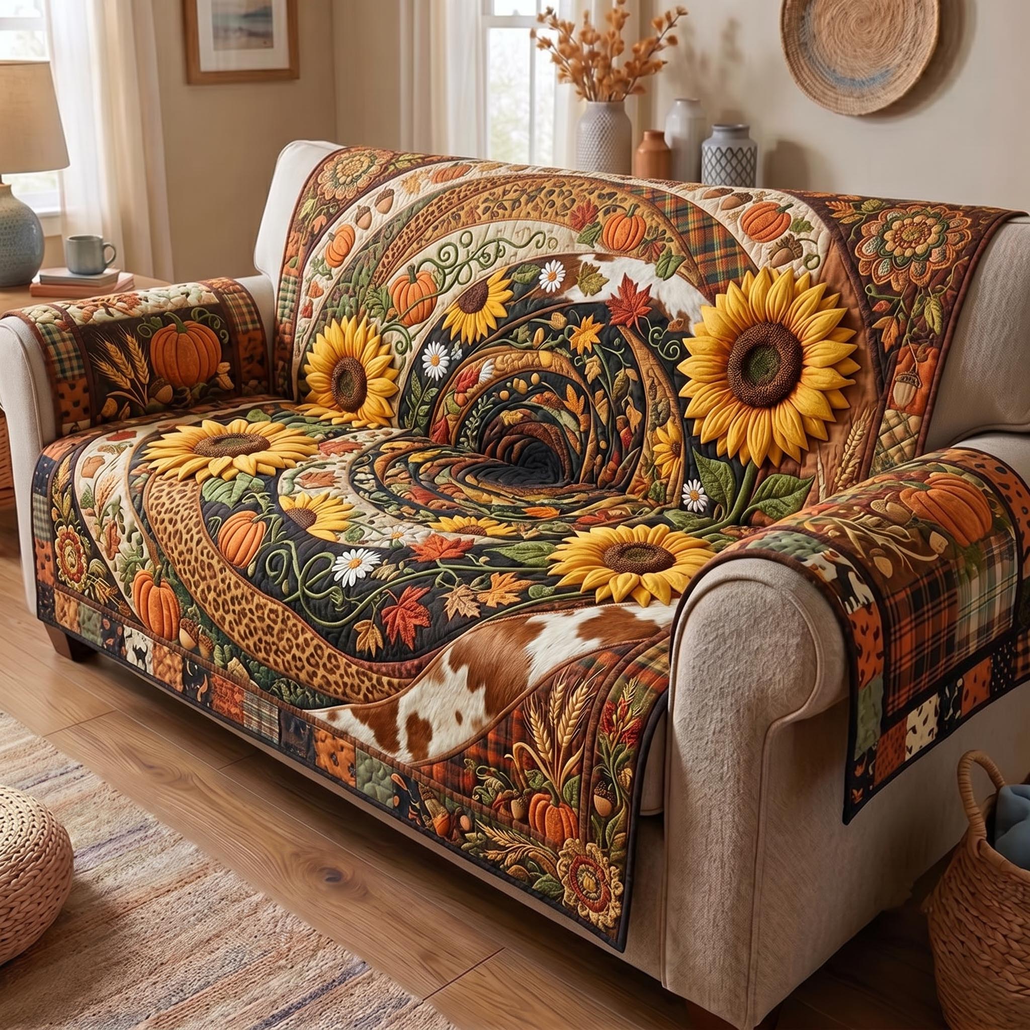 Sunflower Bliss Quilted Sofa Cover Blooming Beauty Couch Cover Unique Home Decor Gifts