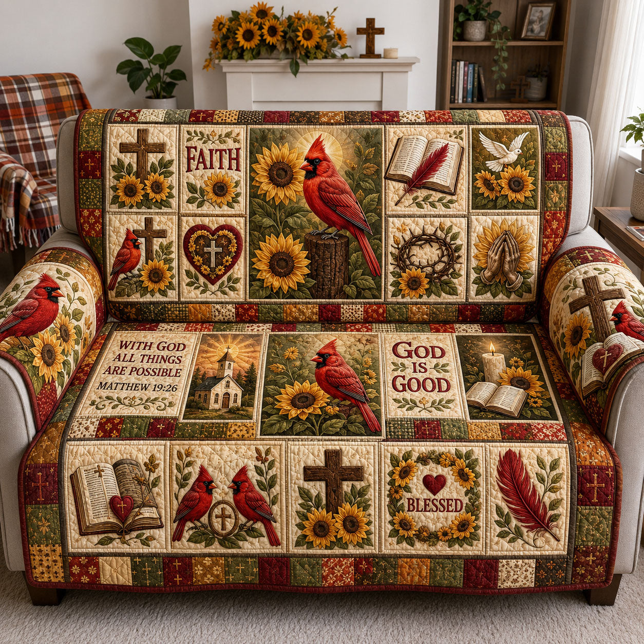 Sunflower Cardinal Blessed Faith Quilted Sofa Cover Flower Garden Couch Cover House Lover Gift