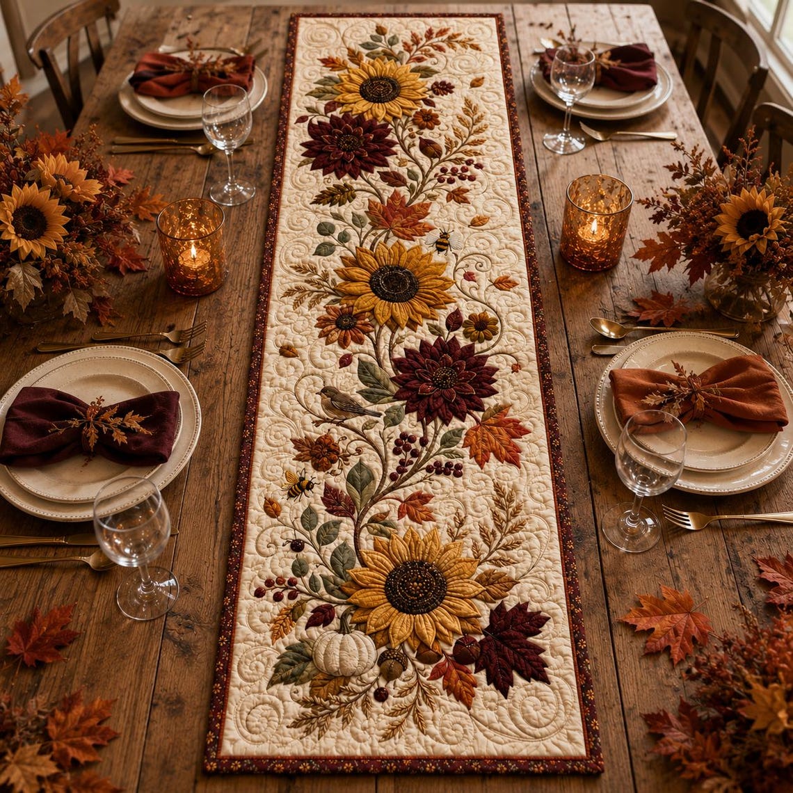Sunflower Fall Quilt Table Runner Autumn Harvest Holiday Merch Gift For Autumn