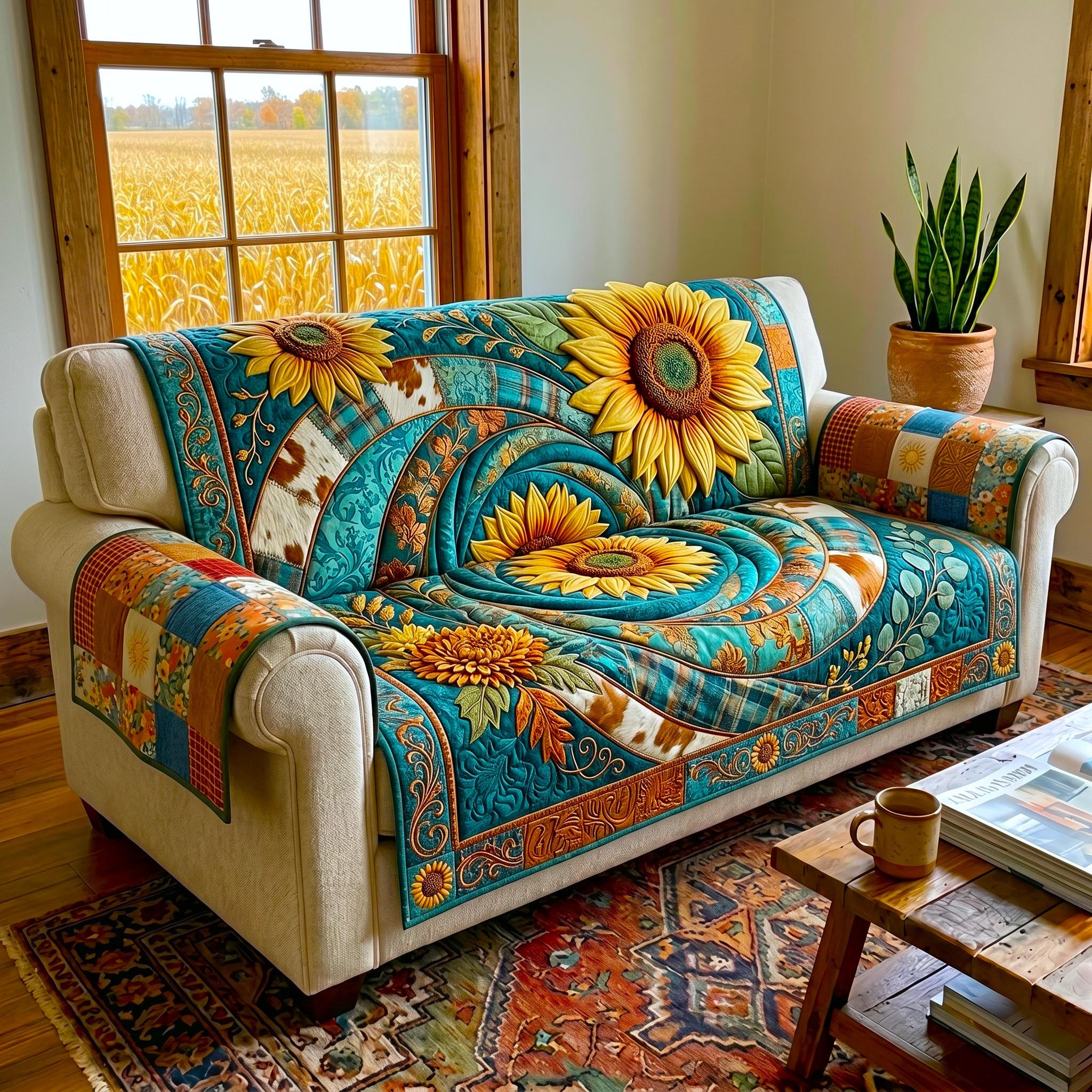 Sunflower Fields Quilted Sofa Cover Botanical Bloom Couch Cover Home Lover Gift Ideas