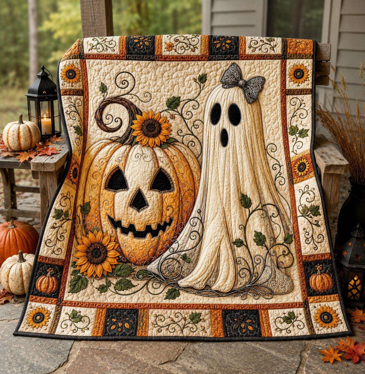 Sunflower Pumpkin Ghost Fall Quilted Blanket Pumpkin Ghost Merch Cute Room Decor