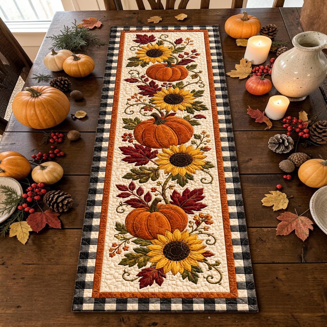 Sunflower Pumpkin Vine Quilted Table Runner Country Farmhouse Kitchen Merch Housewarming Gift