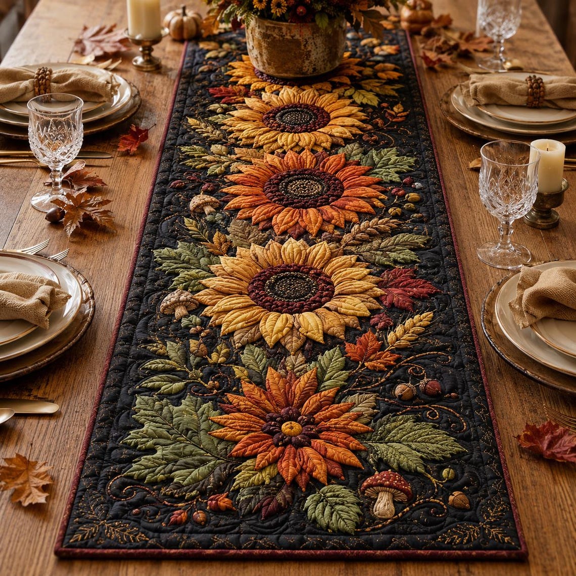 Sunflower Quilt Table Runner Autumn Harvest Merch Gift For Autumn