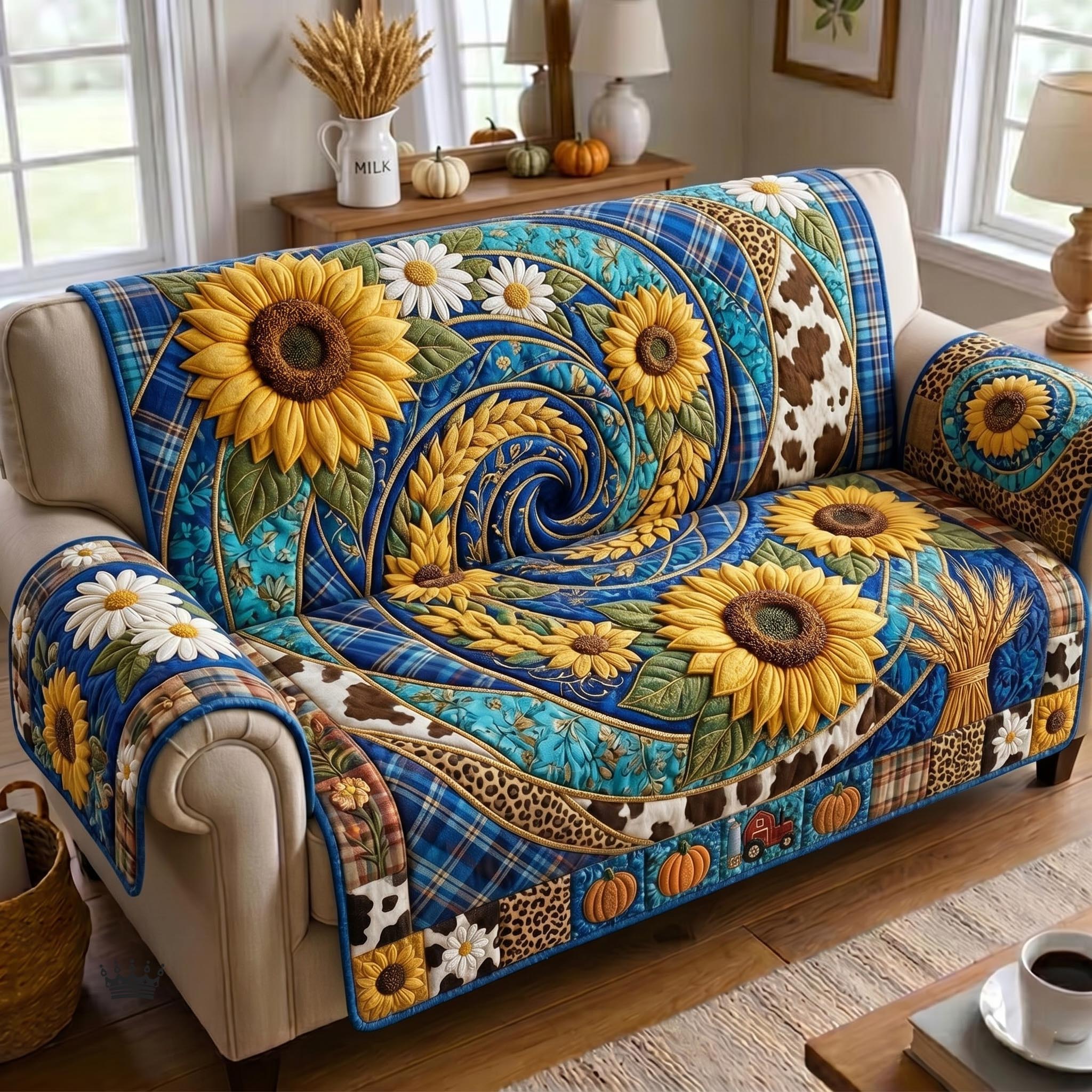 Sunflower Safari Quilted Sofa Cover Floral Charm Couch Cover Gift For House Lover