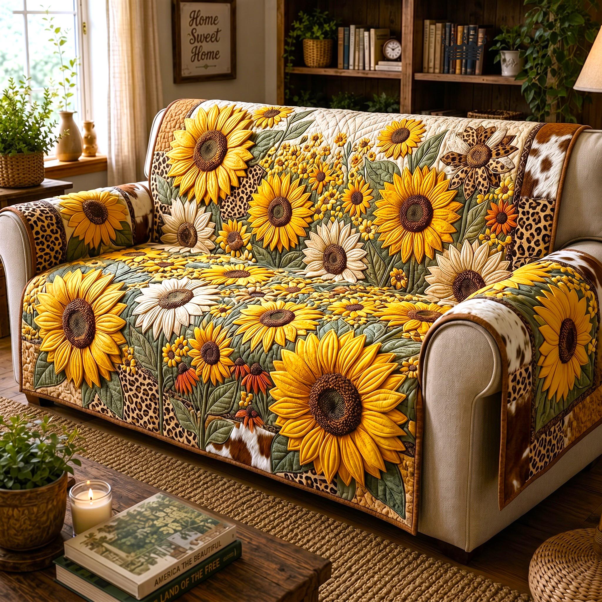 Sunflower Safari Quilted Sofa Cover Meadow Flowers Couch Cover Present For Home Lovers
