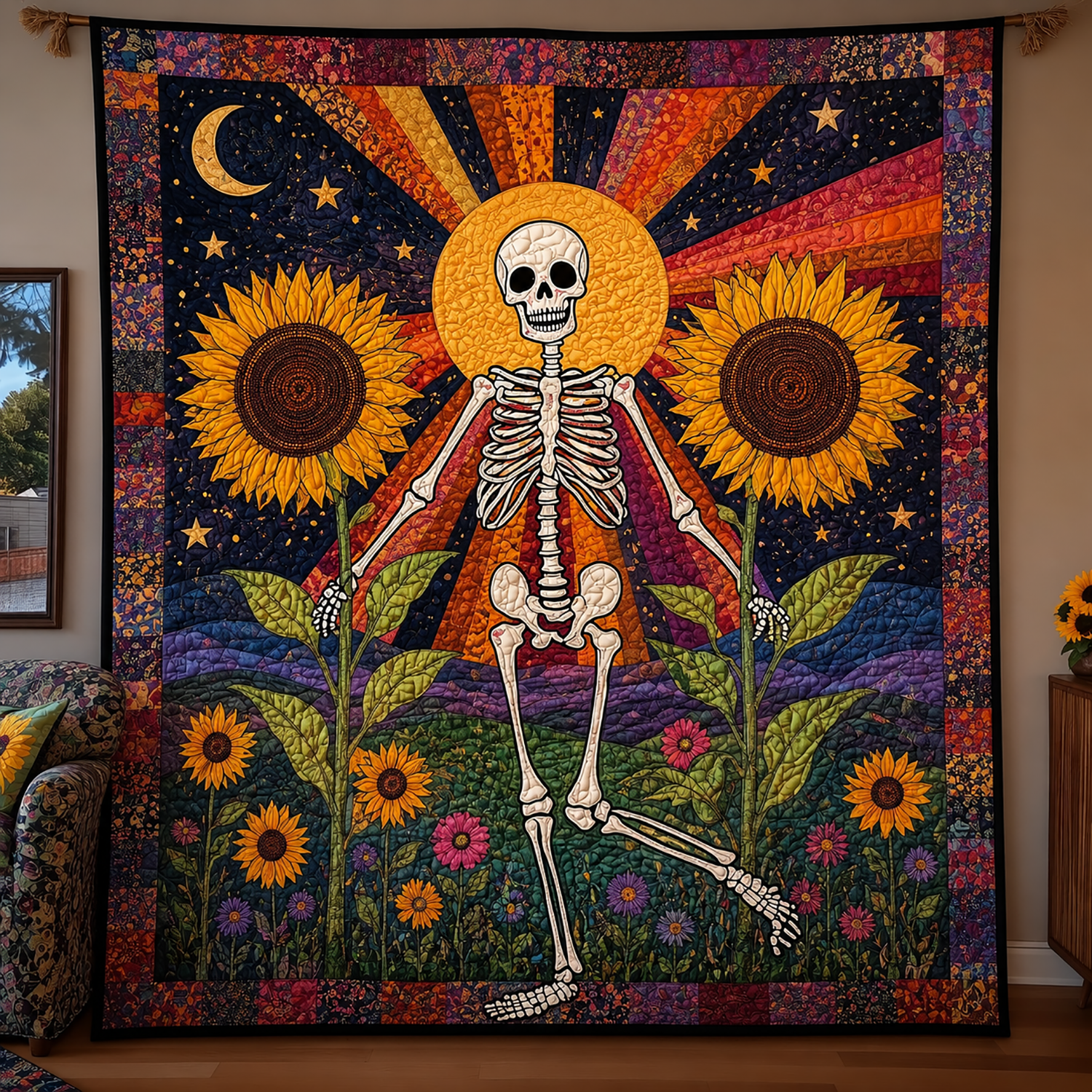Sunflower Skeleton Halloween Quilt Blanket Boho Gothic Throw Spooky Floral Throw Home Decor Gift