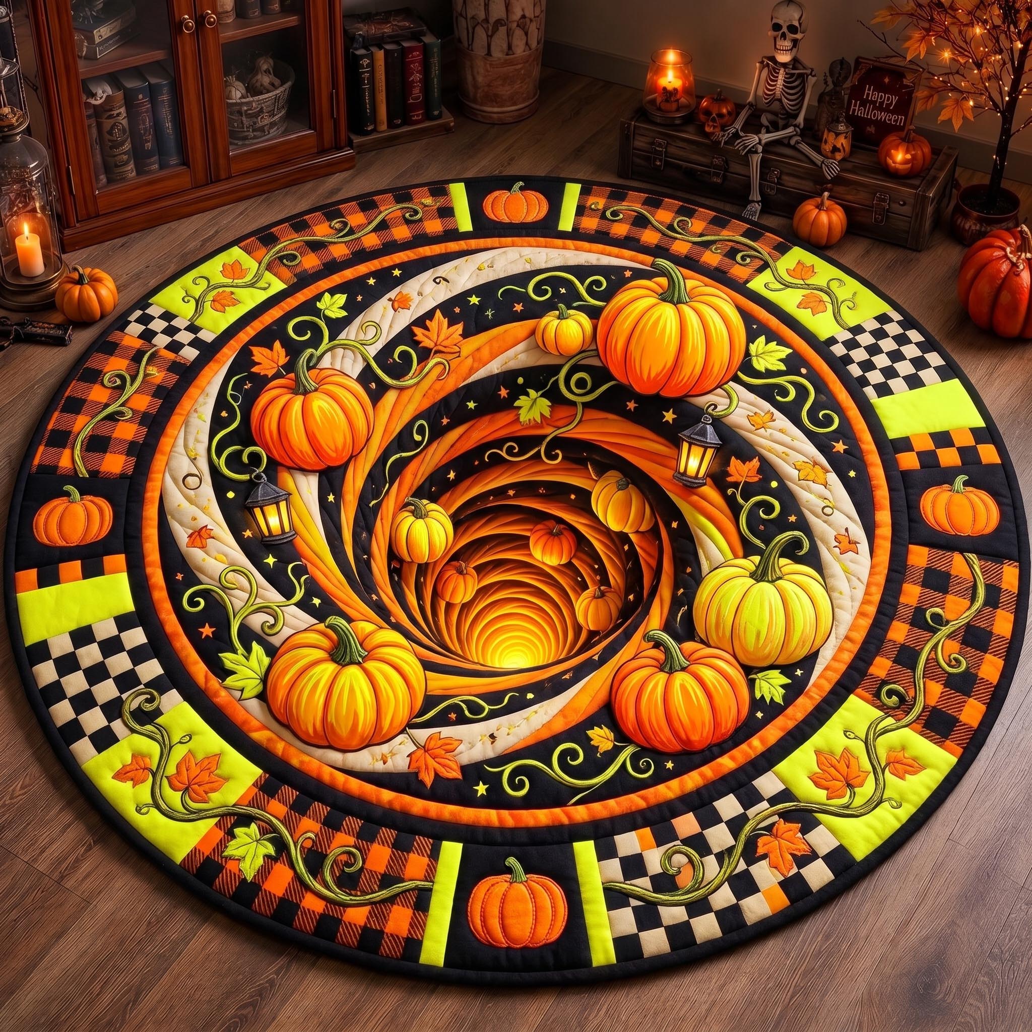 Swirling Pumpkin Vortex Quilted Round Mat Pumpkin Patch Round Rug Halloween House Gift