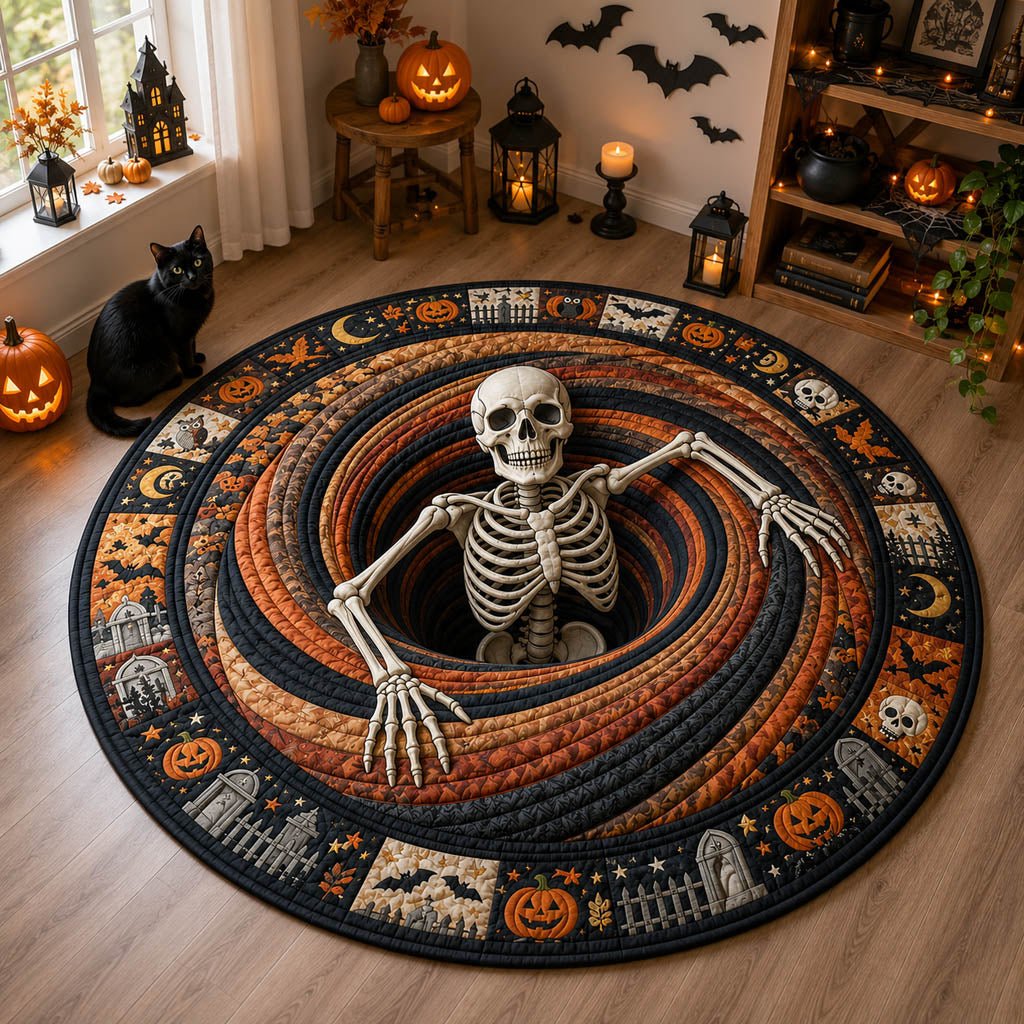 Swirling Skeleton Pit Halloween Quilted Round Mat Skeleton Halloween Vortex Round Rug