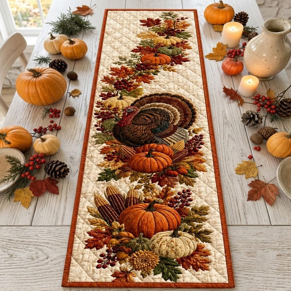 Thanksgiving Turkey Quilt Table Runner 2026 Pumpkin Harvest Merch Autumn Farmhouse Gift