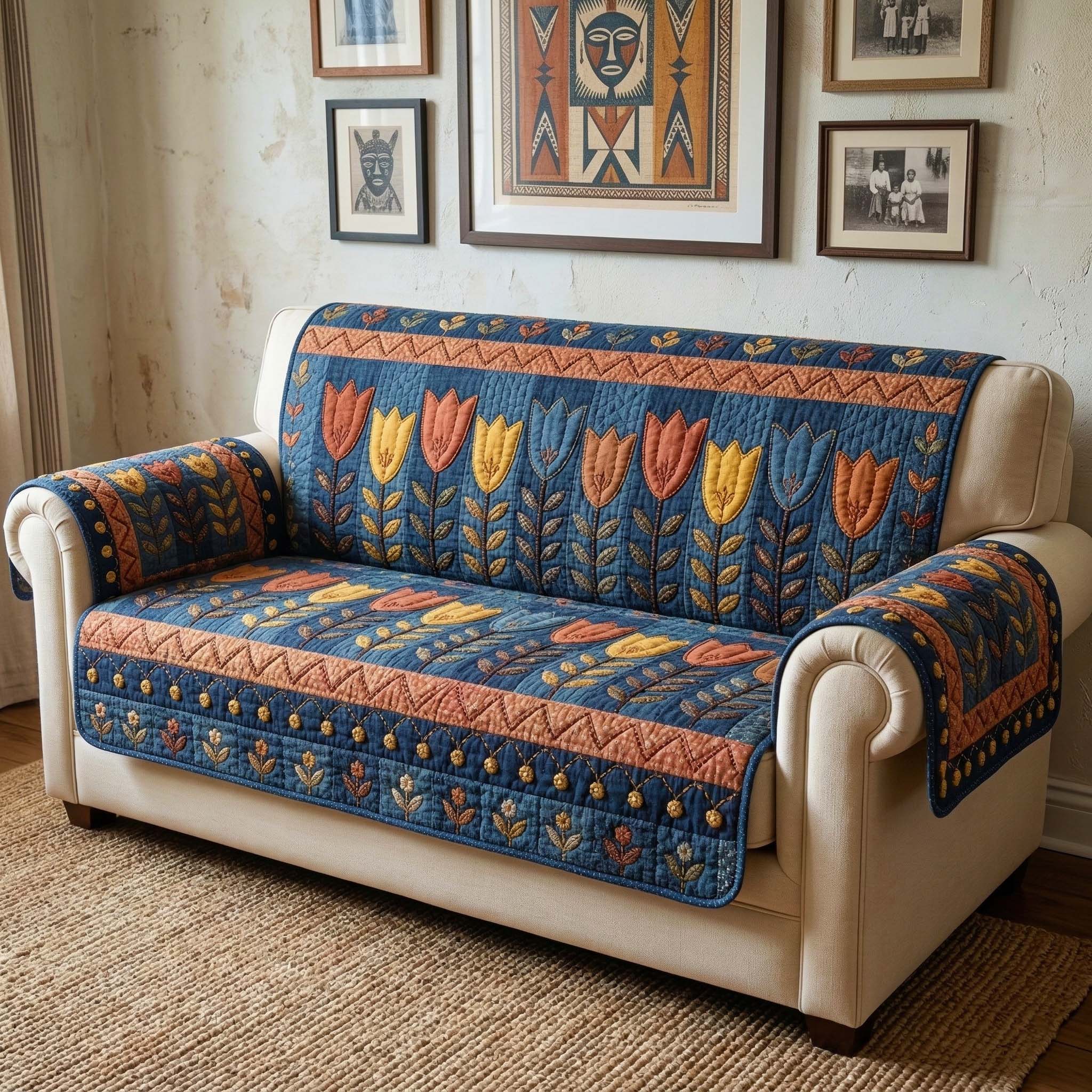 Tribal Tulips Quilted Sofa Cover Tribal Tulips Couch Cover Present For House Lovers