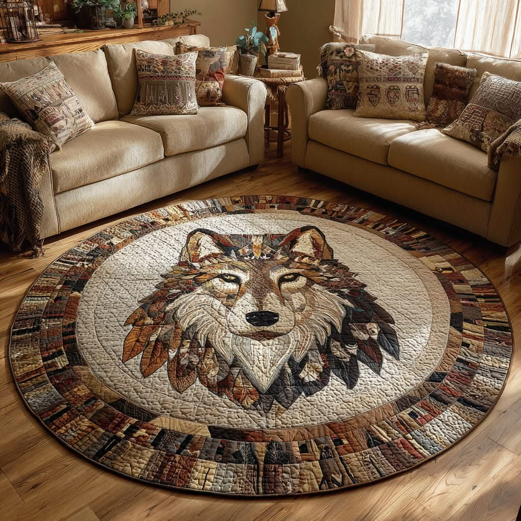 Tribal Wolf Quilted Round Mat Circle Rug Carpet Native Wolf Merchandise Decorations Gifts