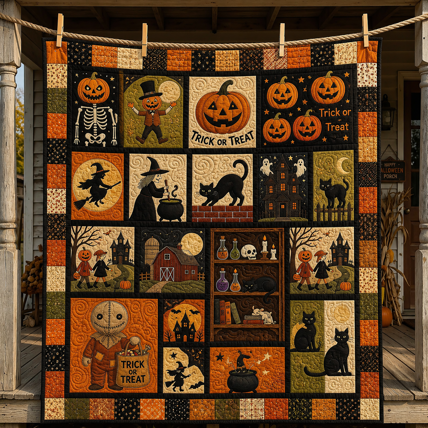 Trick Or Treat Halloween Blanket Spooky Pumpkin Ghost Cat Throw Retro Halloween Decor Gift