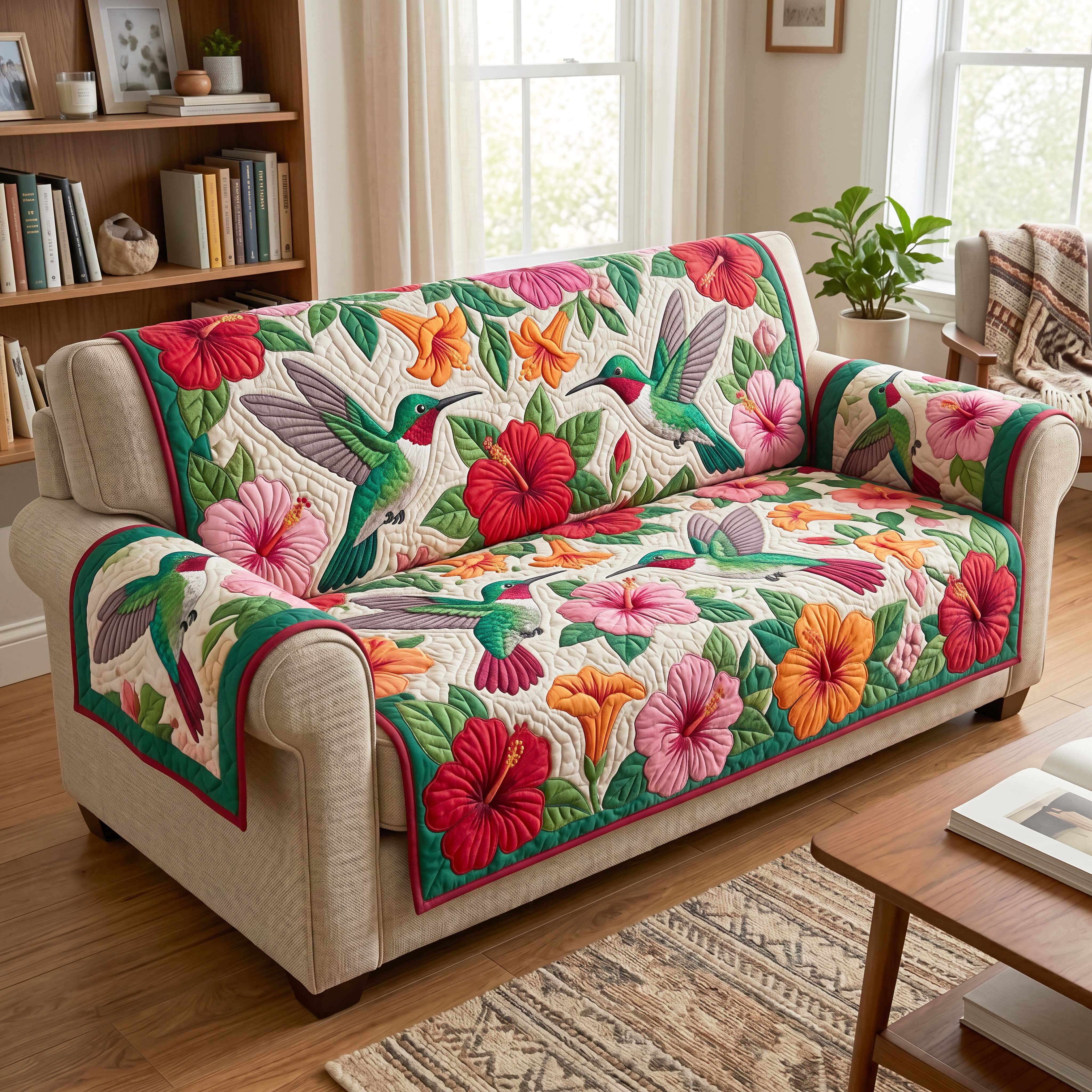 Tropical Hummingbirds Quilted Sofa Cover Hummingbird Garden Couch Cover Gifts For New Homes