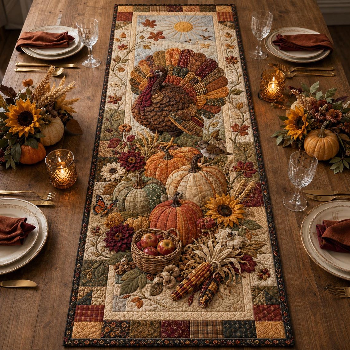 Turkey Quilt Table Runner Thanksgiving Harvest Merch Gift For Autumn