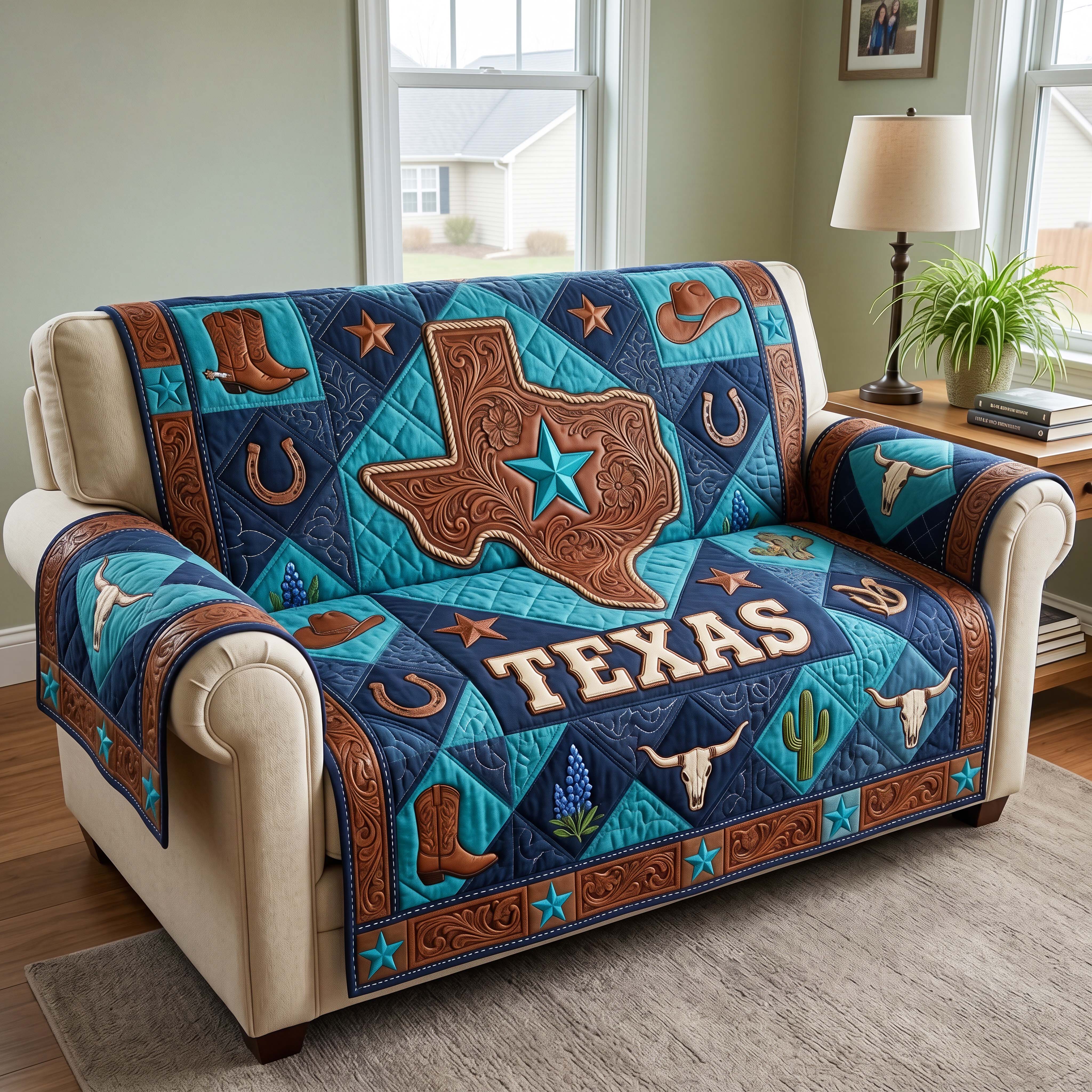 Turquoise Texas Quilted Sofa Cover Texas Heritage Couch Cover Gift For Cozy Spaces